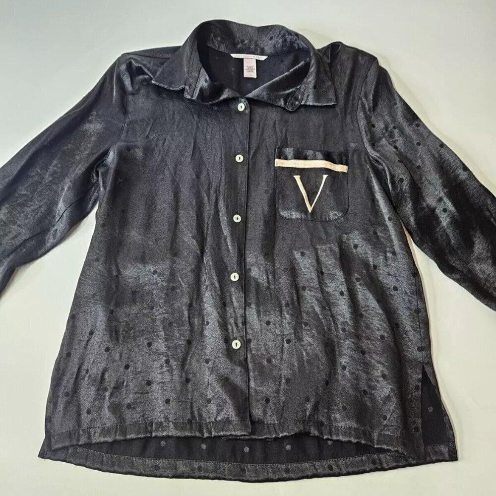 Victorias Secret Womens Pajama Set Pants Long Sleeve Top Black Satin Size Medium